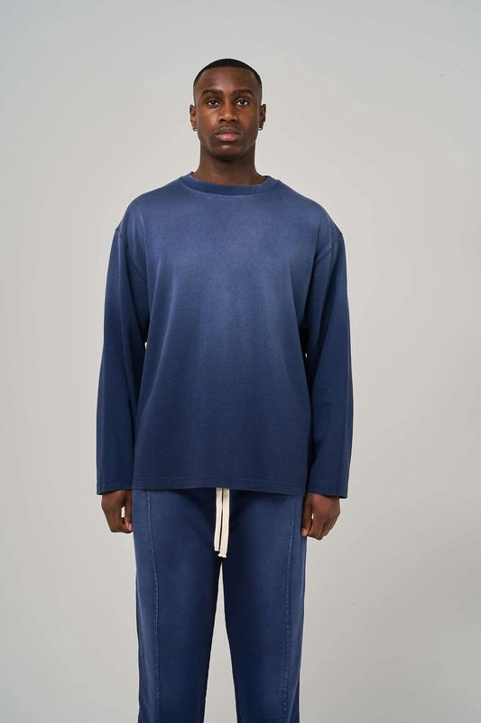 KAIZEN MARKET BLANK HEAVYWEIGHT FADE OUT LONGSLEEVE TEE BLUE — XS — Side View