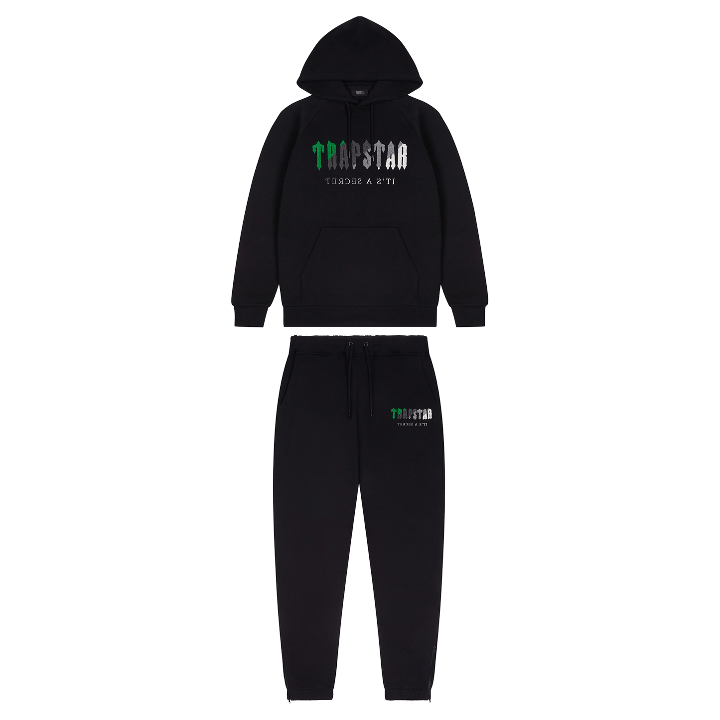Trapstar Chenille Decoded Hooded Tracksuit-Black/Green — XXS — Front View