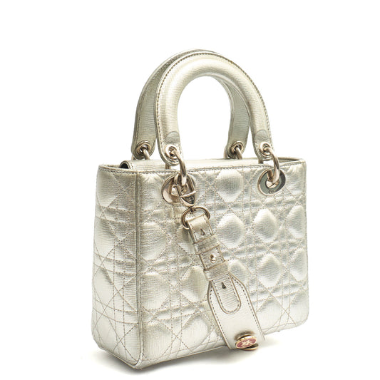 Christian Dior Tote Lady Dior - Medium in Metallic, Cannage Quilted Lambskin — Side View