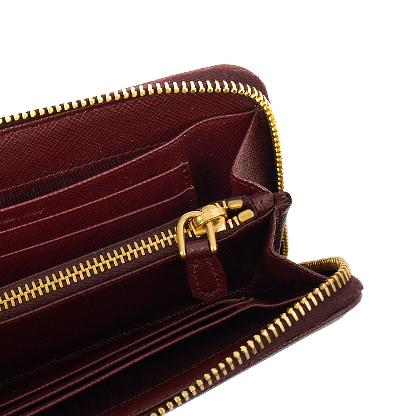 Prada Purse Wallet in Burgundy, Leather — Lifestyle View