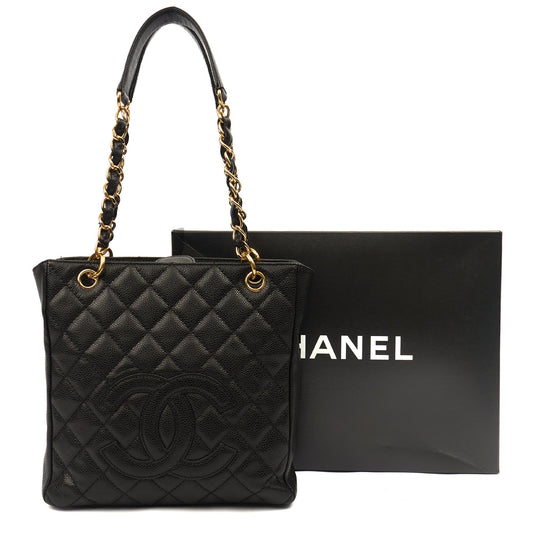 Chanel Tote Petite Shopping Tote in Black, Caviar Leather — Side View