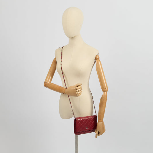 Chanel Cross Body Wallet on Chain in Red, Lambskin Leather — Side View