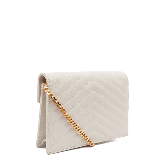 Saint Laurent Cross Body Envelope Wallet on Chain in Neutral, Calfskin Leather — Side View