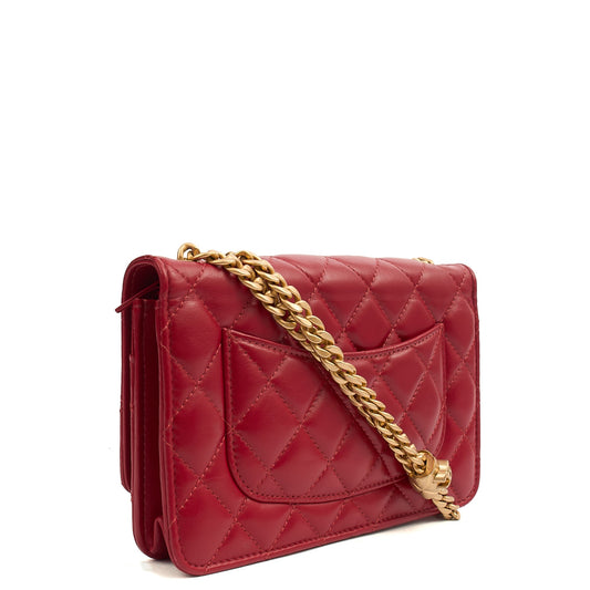 Chanel Cross Body Pearl Crush Wallet on Chain in Red, Lambskin Leather — Side View