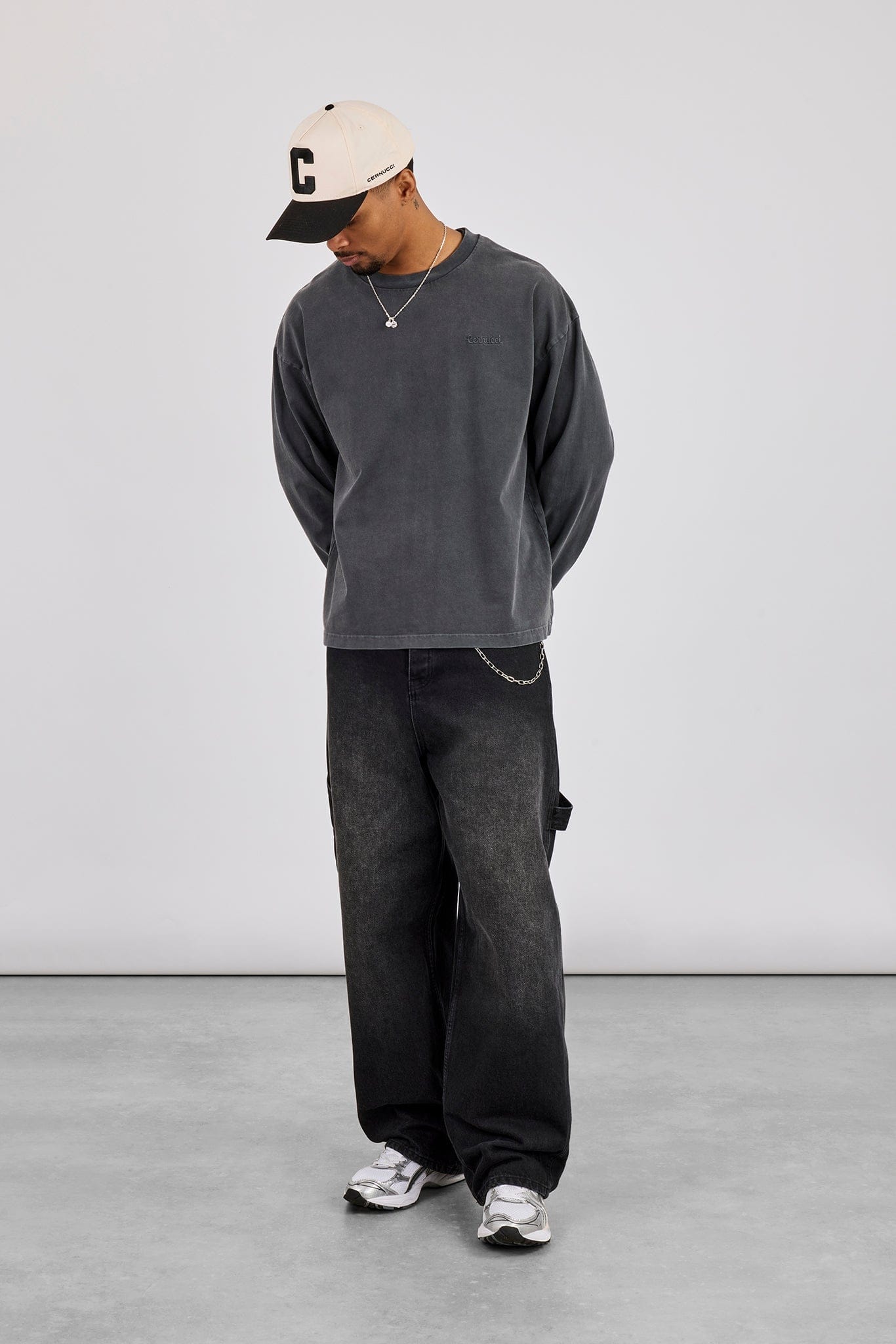 Cernucci Washed Long Sleeve T-Shirt - Charcoal — S — Top View
