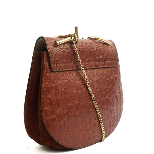 Chloe Cross Body Drew Small Shoulder Bag in Brown, Embossed Croco Calfskin — Side View