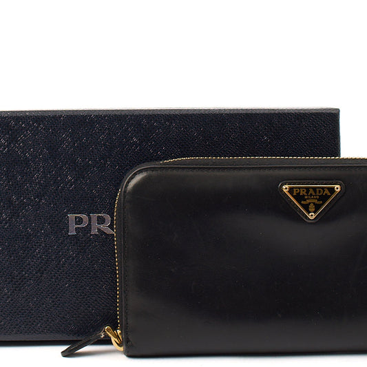 Prada Purse Zip Around Wallet in Black, Leather — Side View