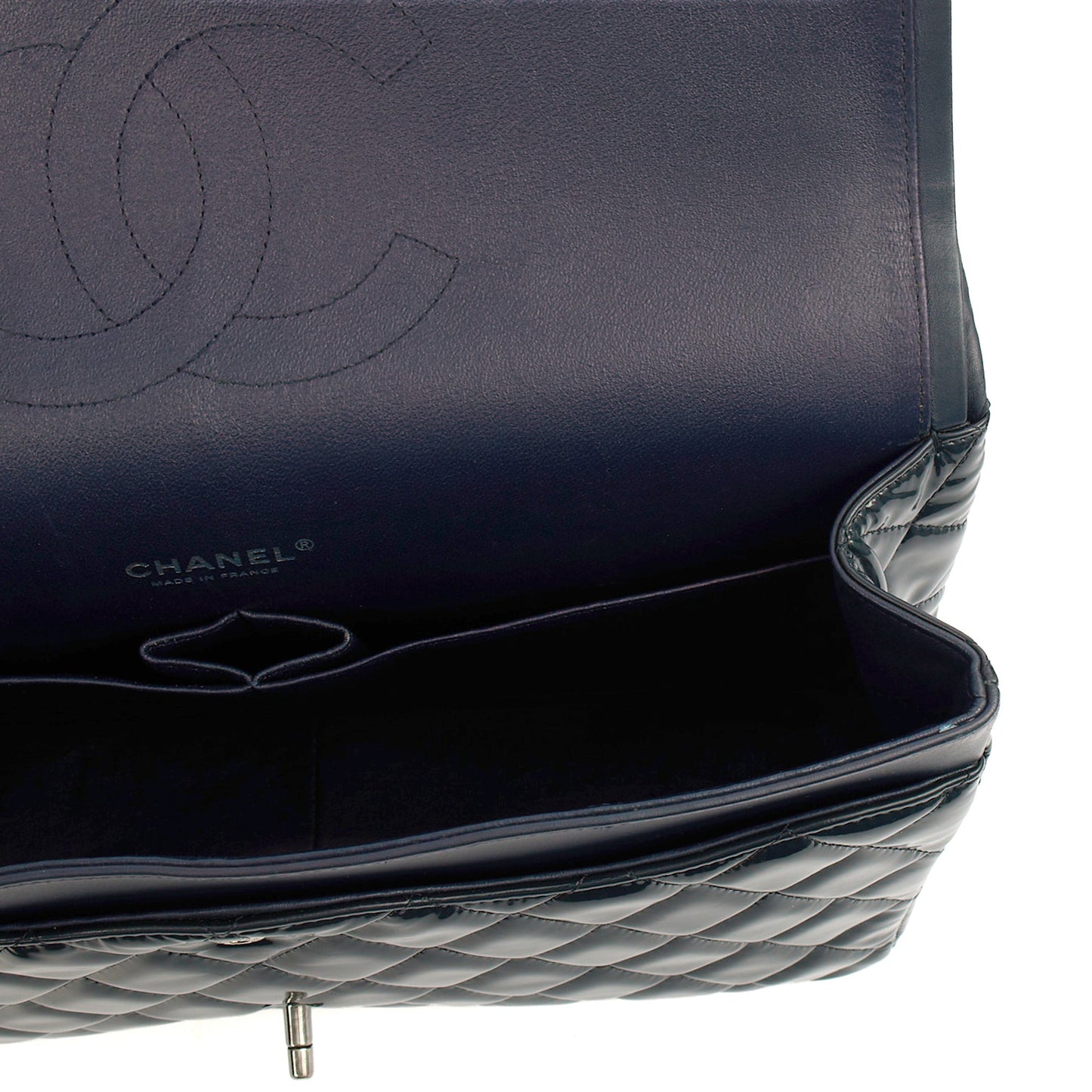 Chanel Shoulder Bag Classic - Maxi in Navy, Patent Leather — Alternate View 11