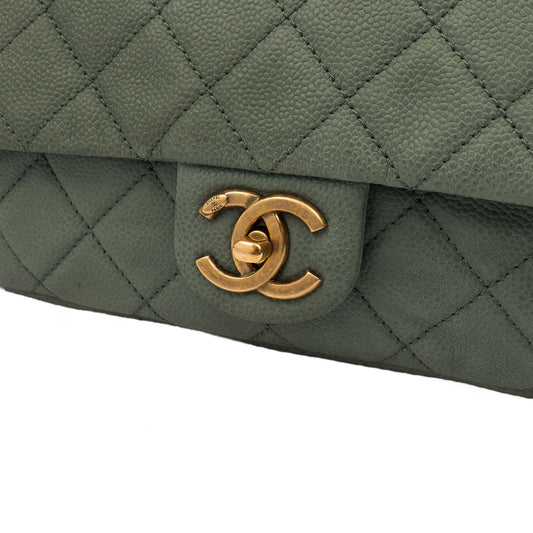 Chanel Cross Body Flap Bag in Green, Nubuck — Side View