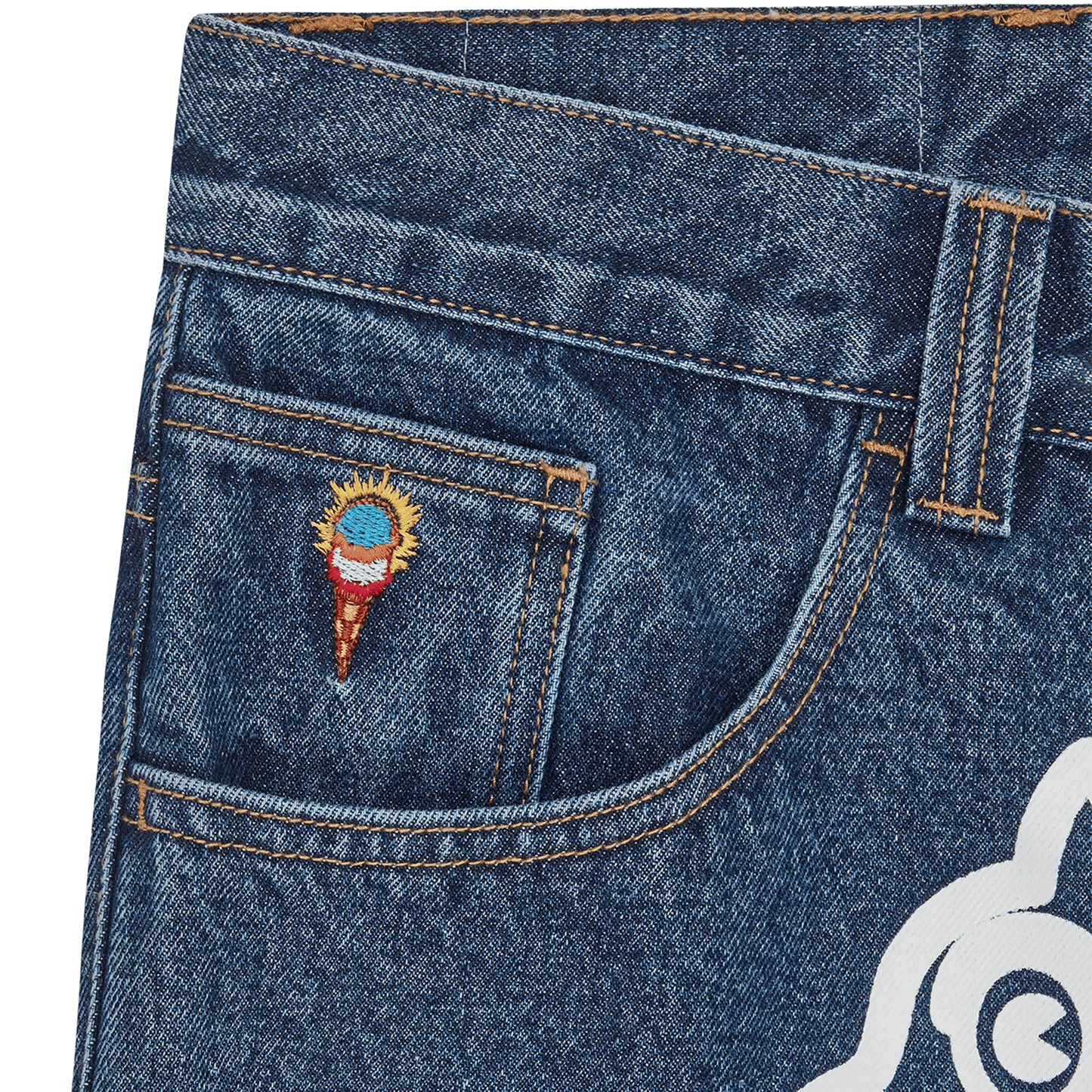 ICECREAM Running Dog Double Scoop Denim Pants 'Mid Wash Blue' — XXS — Top View