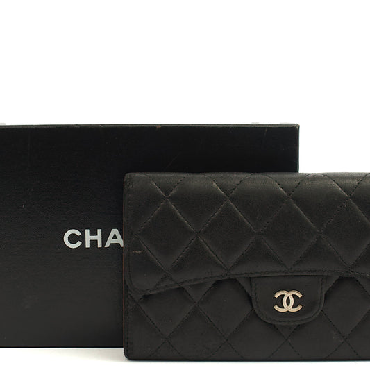Chanel Purse Classic Long Flap Wallet in Black, Lambskin Leather — Side View