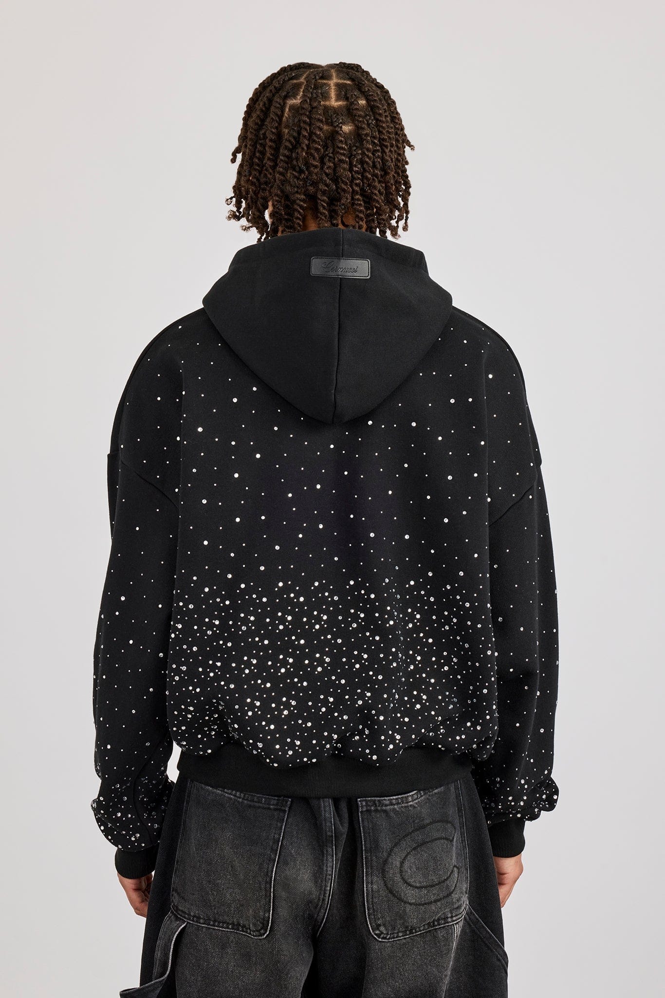 Cernucci Mens Boxy Rhinestone Hoodie - Black — S — Top View