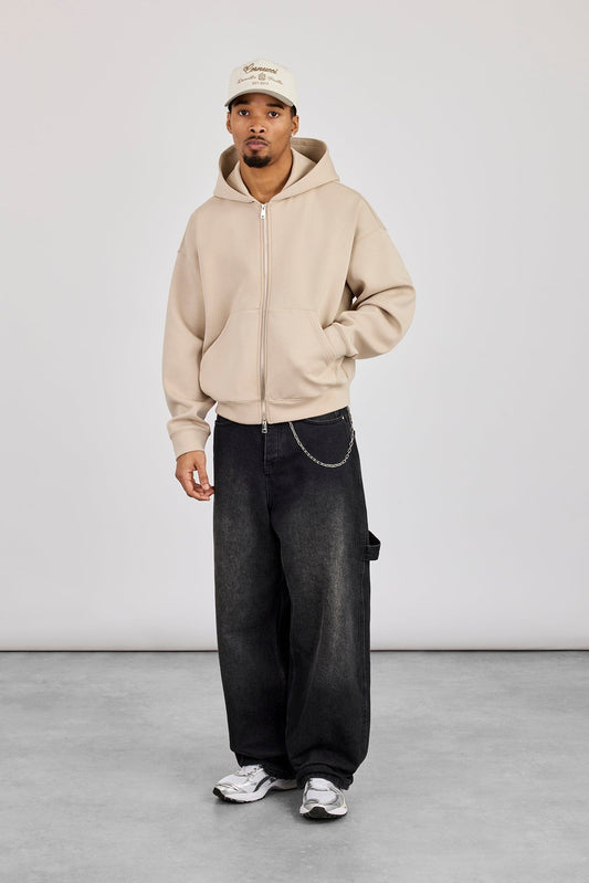 Cernucci Scuba Zip Through Boxy Hoodie - Stone — S — Side View