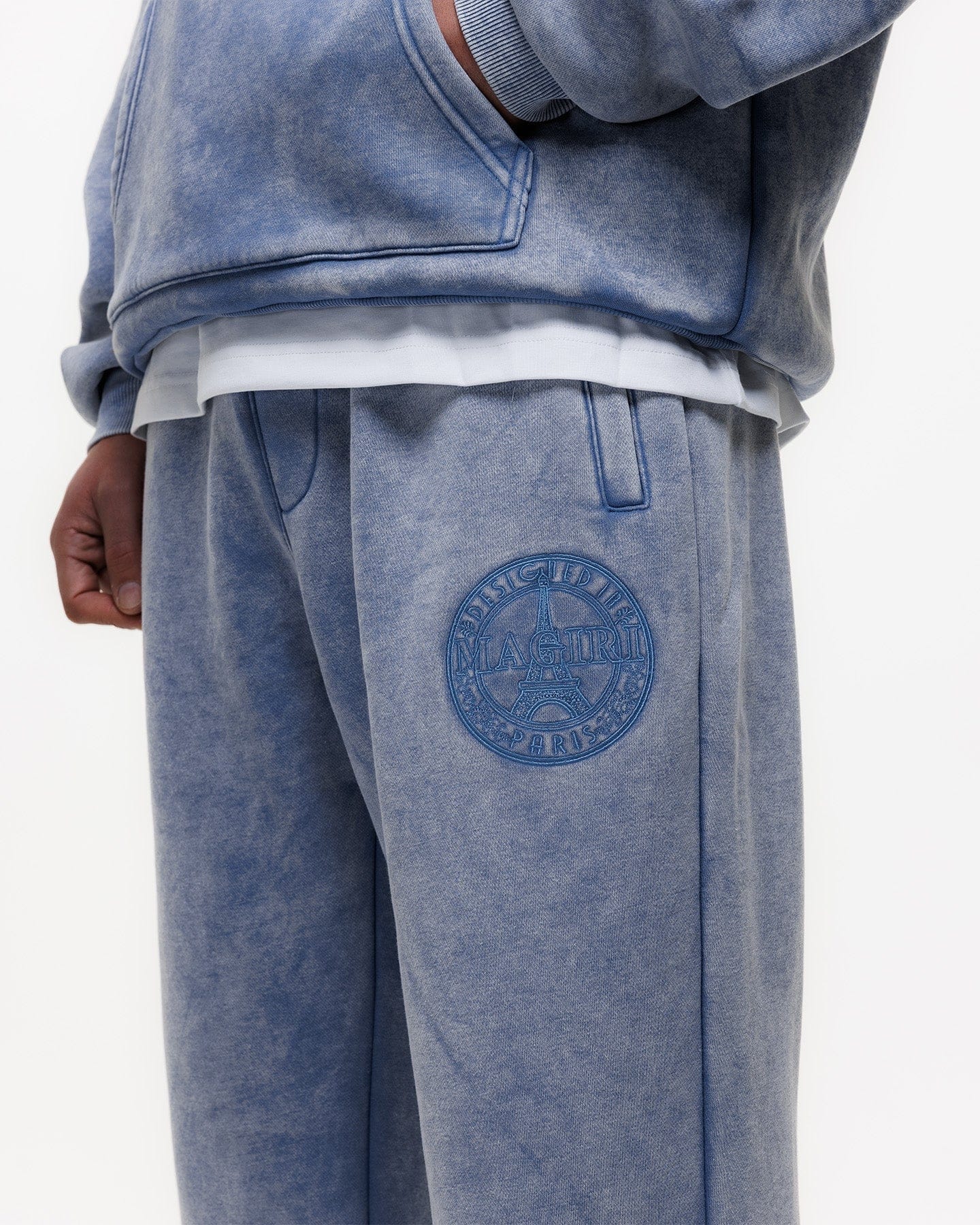 Magiri Embroidered Acid Wash Joggers 'Washed Blue' — Washed Blue — Size S — Lifestyle View
