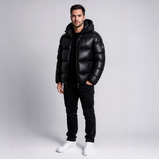 Helvetica Mountain Pioneers Edge Hooded Down Jacket — S — Side View