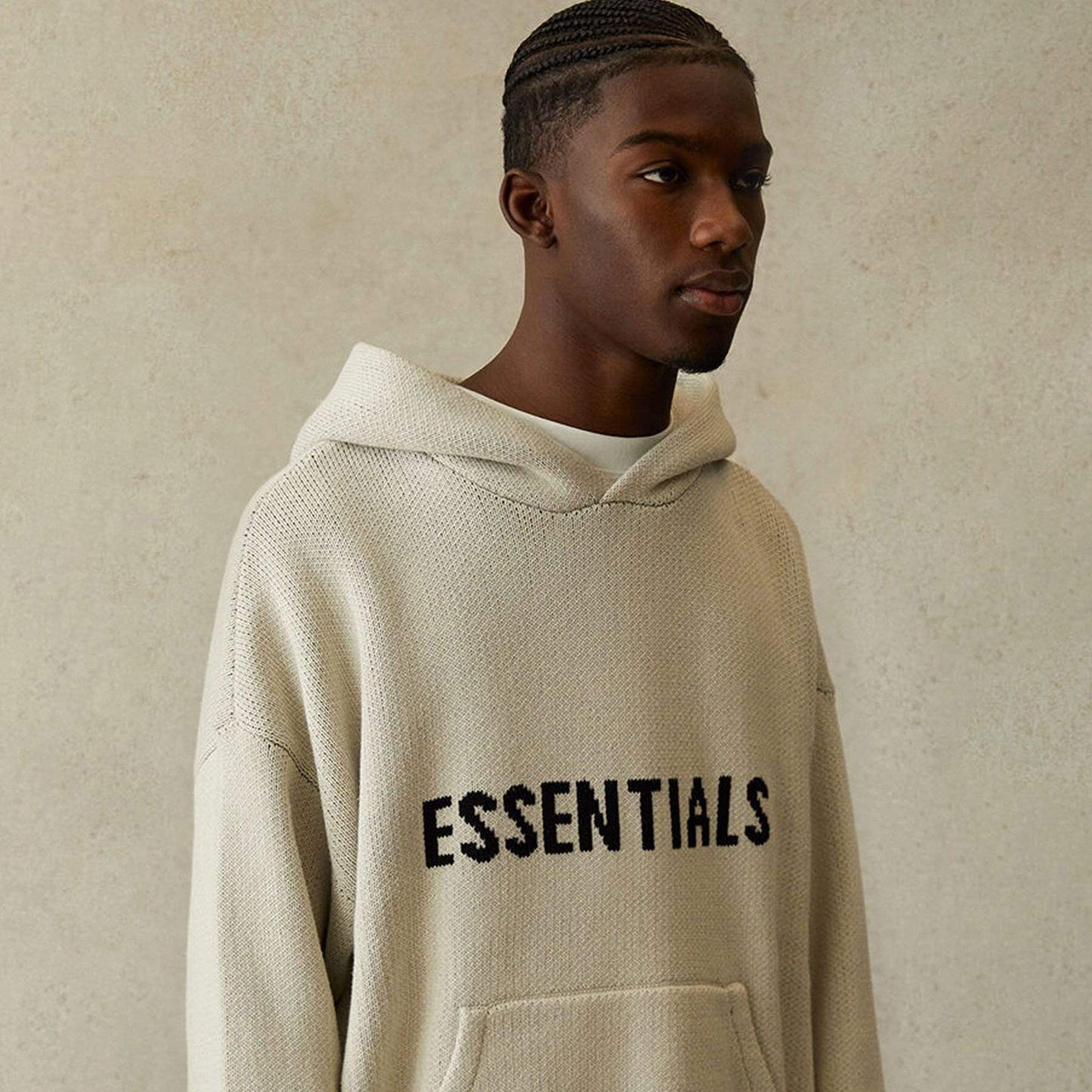 FEAR OF GOD ESSENTIALS Knit Pullover Hoodie Light Heather Oatmeal — XXS — Top View