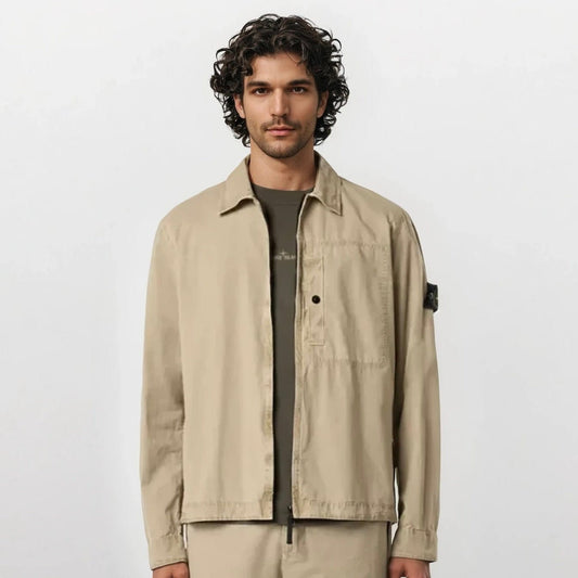 Stone Island Brushed Organic Cotton Canvas Overshirt in Desert — S — Side View