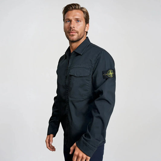 Stone Island Stretch Organic Cotton Satin Overshirt in Navy — S — Side View