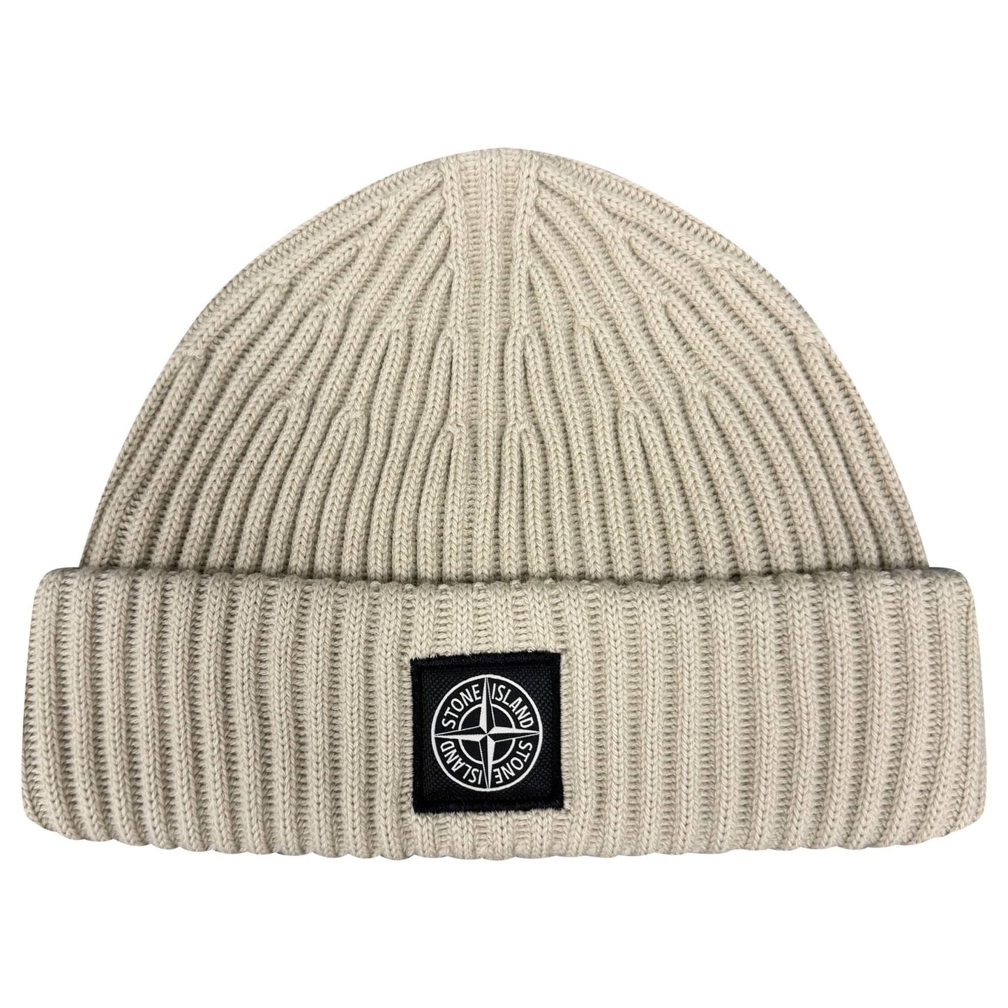 Stone Island Thick Ribbed Wool Beanie Hat Beige — Front View