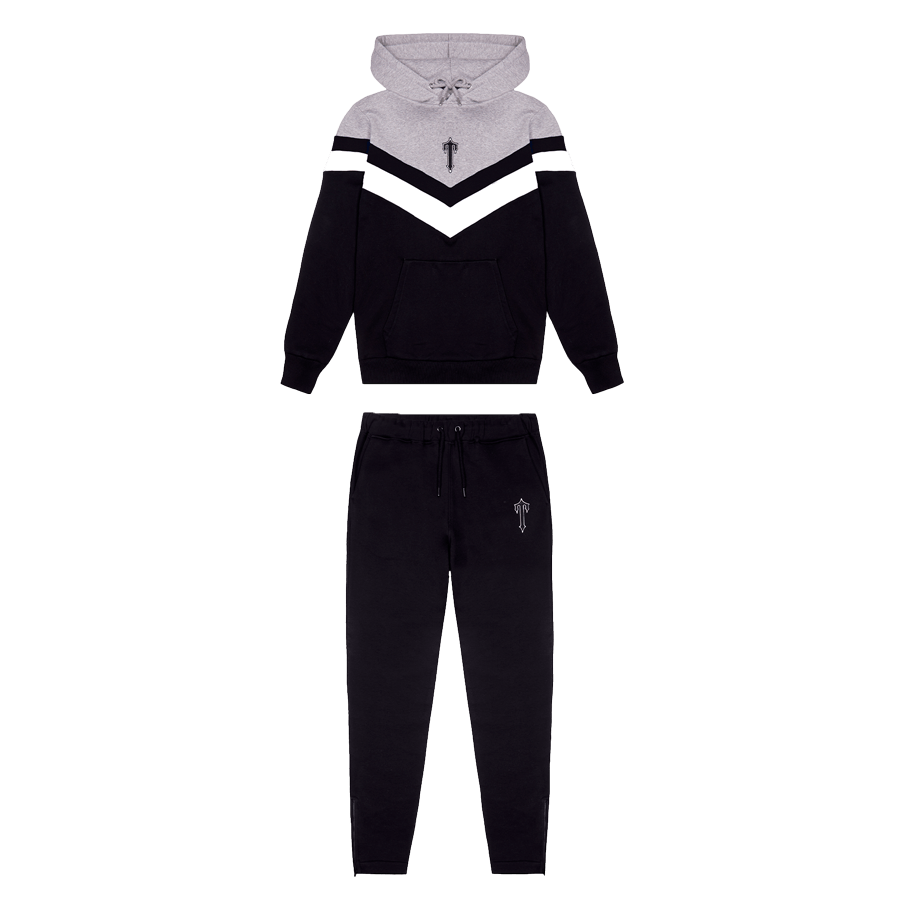 Trapstar V Stripe Hoodie Tracksuit - Black/White/Marl Grey — XXS — Front View