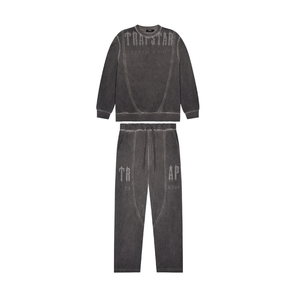Trapstar Deconstructed Decoded Oil Wash Crew Tracksuit- Grey — XXS — Front View