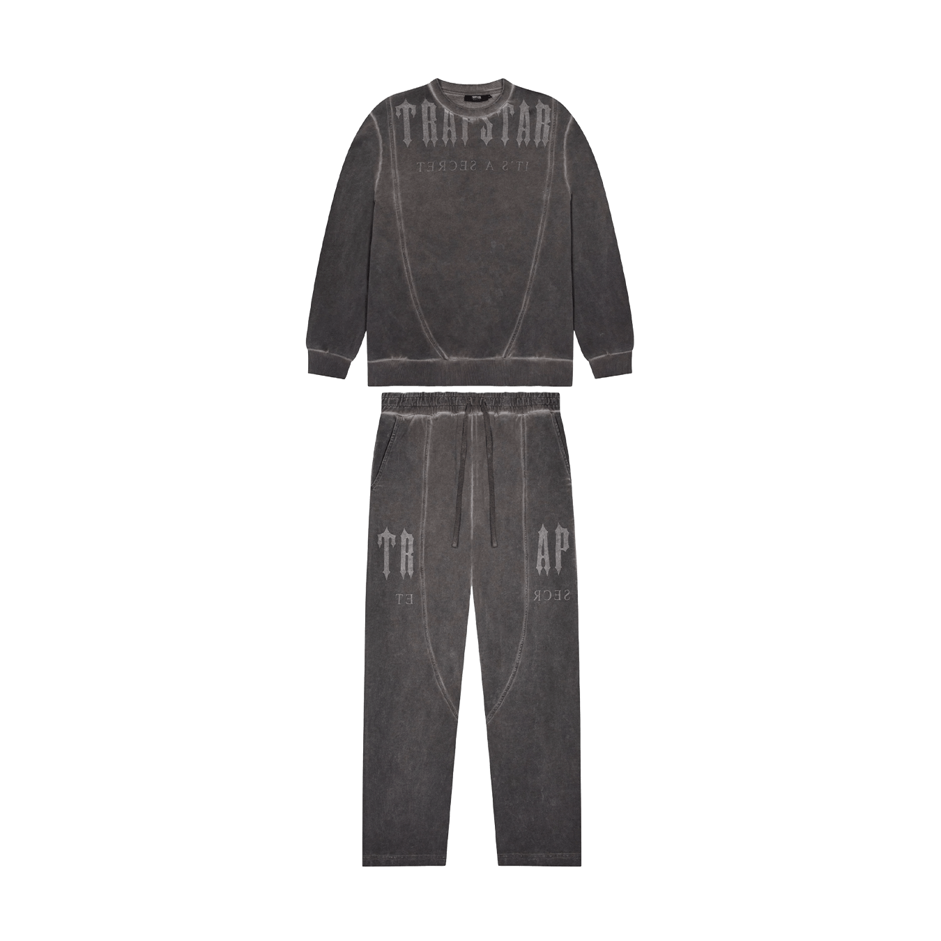 Trapstar Deconstructed Decoded Oil Wash Crew Tracksuit- Grey — XXS — Front View