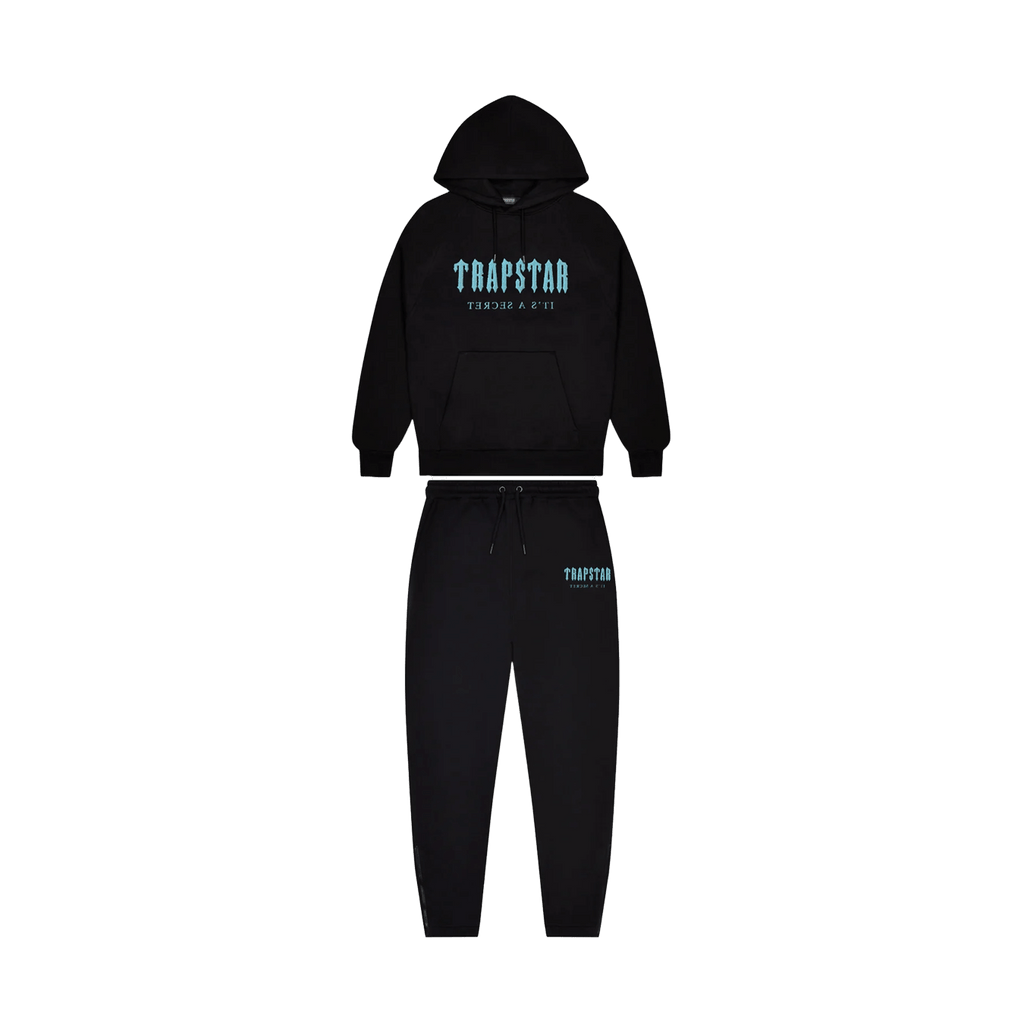 Trapstar Chenille Decoded Hooded Tracksuit-Black/Light Blue — XXS — Front View