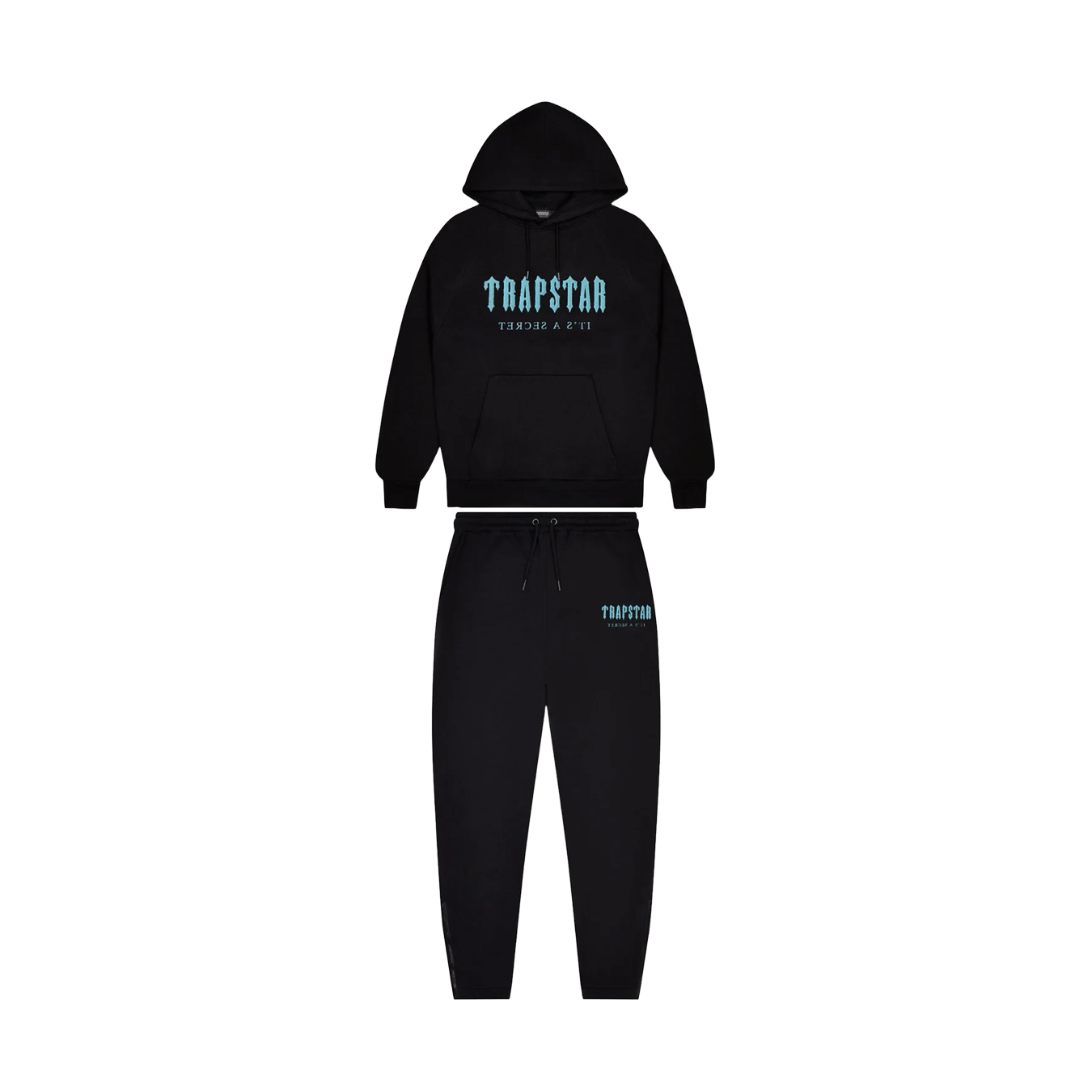 Trapstar Chenille Decoded Hooded Tracksuit-Black/Light Blue — XXS — Front View
