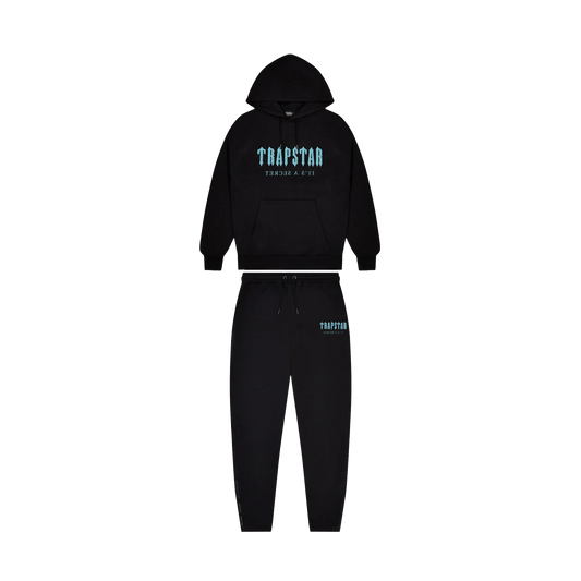 Trapstar Chenille Decoded Hooded Tracksuit-Black/Light Blue — XXS — Front View