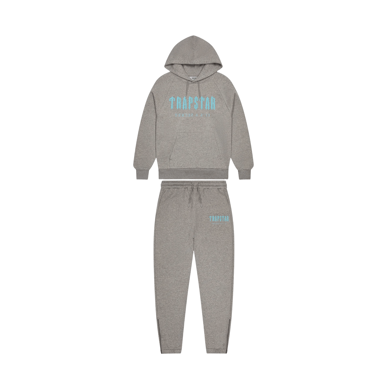 Trapstar Chenille Decoded Hooded Tracksuit- Grey/Light Blue — XXS — Front View