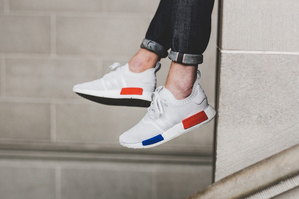 Adidas NMD_R1 Primeknit Vintage White-Lush Red — UK 3.5 | EU 36 | US 4 — Lifestyle View