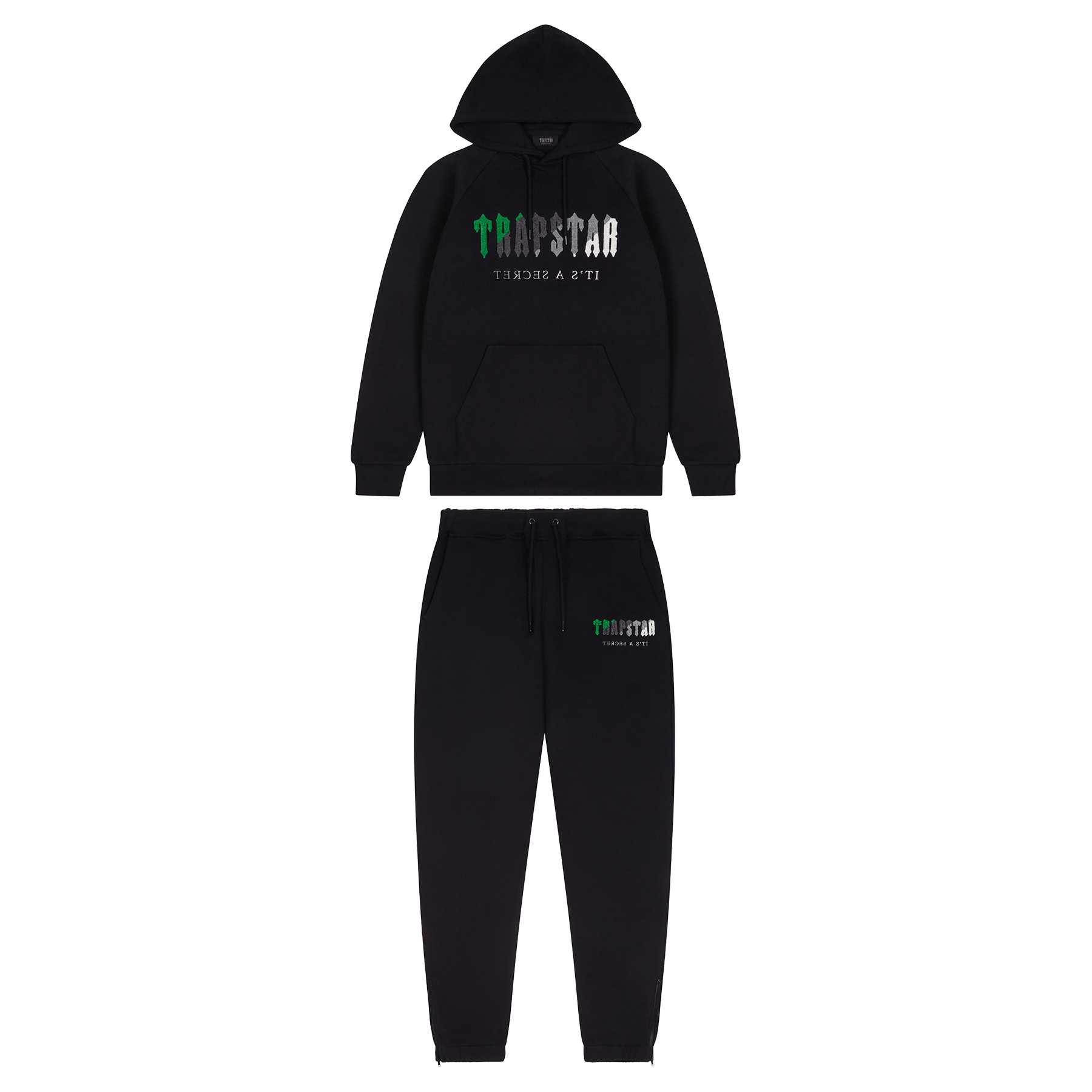 Trapstar Chenille Decoded Hooded Tracksuit-Black/Green — XXS — Front View