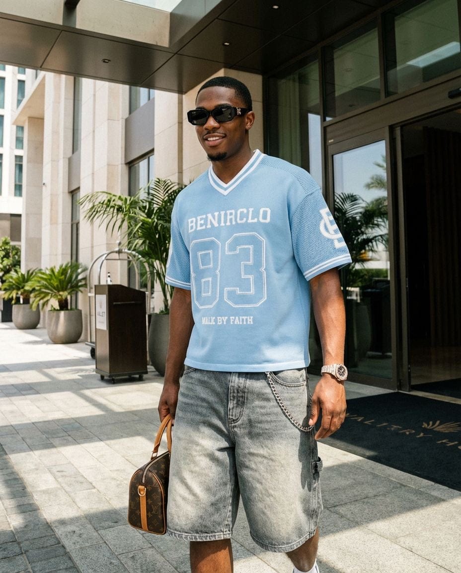 Benir Clothing God’s Timing 83 knit Jersey - Light Blue — XS — Side View
