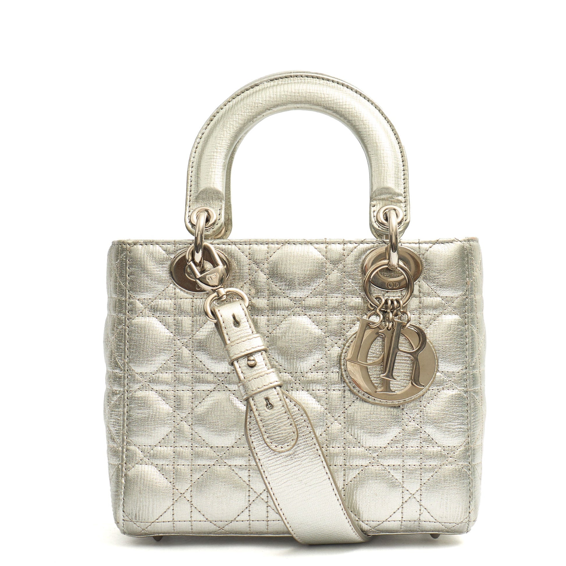 Christian Dior Tote Lady Dior - Medium in Metallic, Cannage Quilted Lambskin — Front View