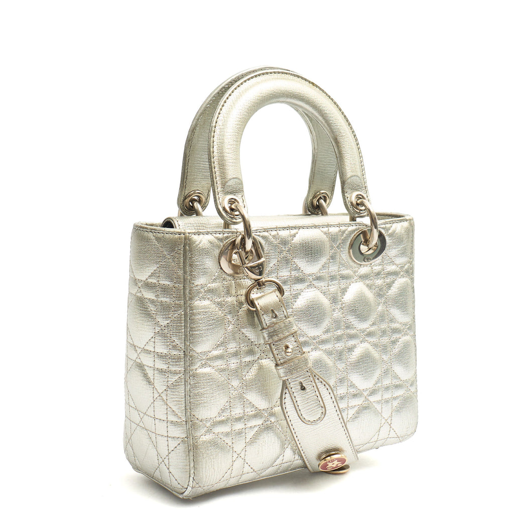 Christian Dior Tote Lady Dior - Medium in Metallic, Cannage Quilted Lambskin — Side View