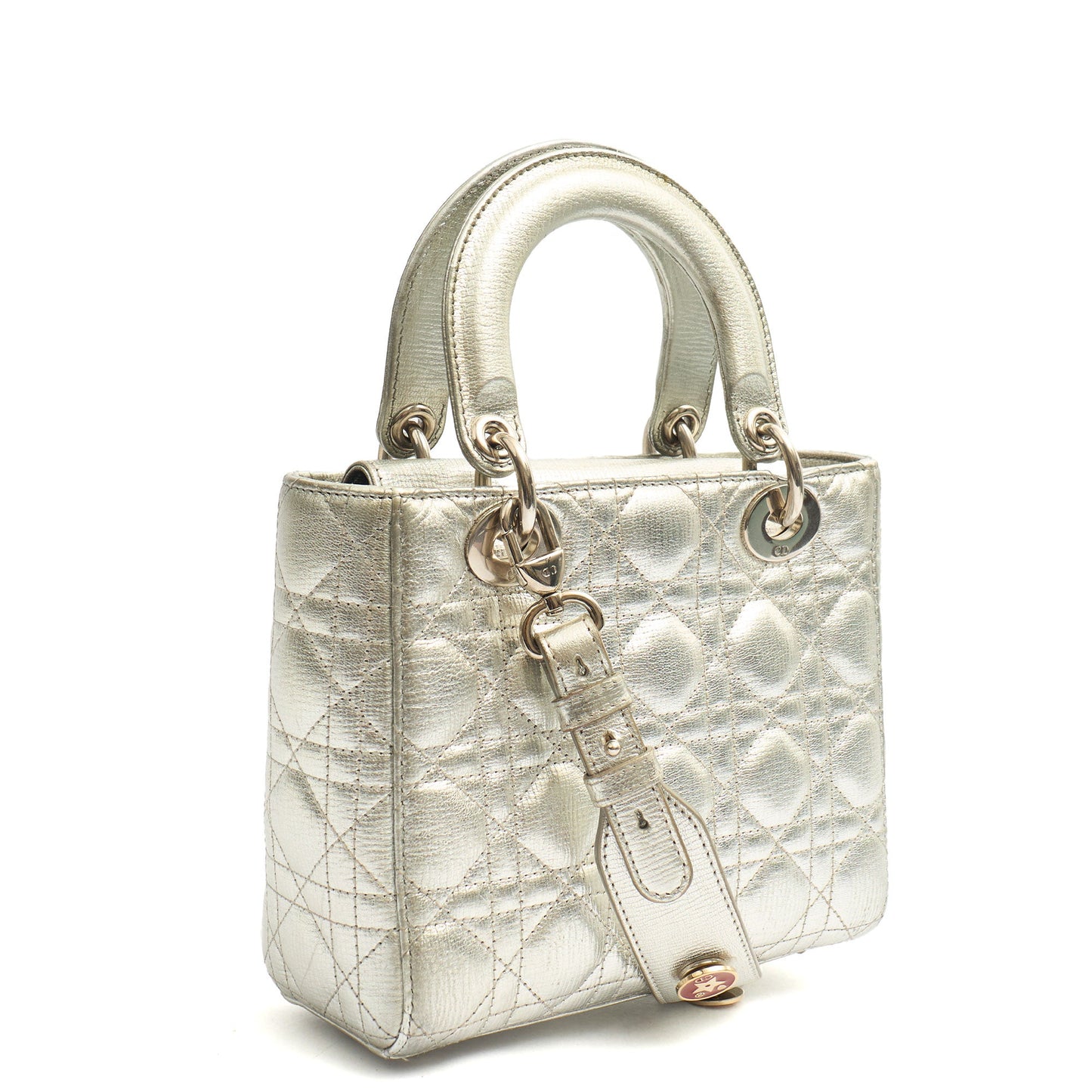 Christian Dior Tote Lady Dior - Medium in Metallic, Cannage Quilted Lambskin — Side View