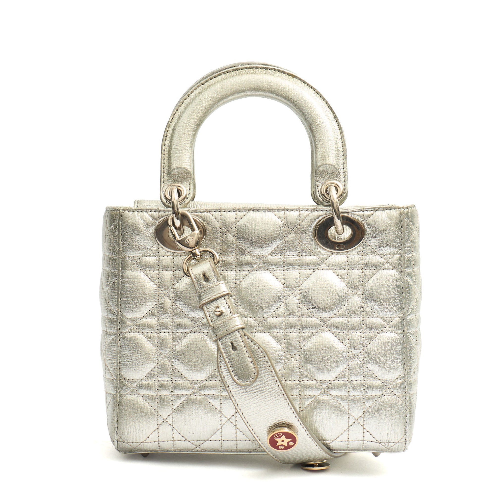 Christian Dior Tote Lady Dior - Medium in Metallic, Cannage Quilted Lambskin — Back View
