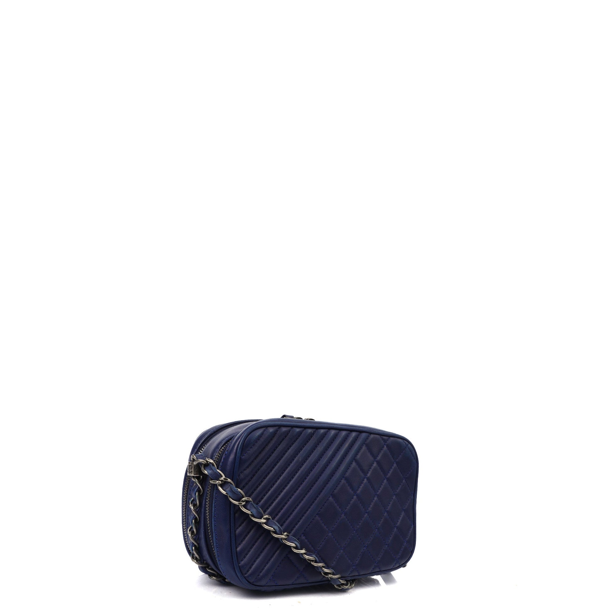 Chanel Cross Body Coco Boy Camera Bag in Navy, Calfskin Leather — Side View