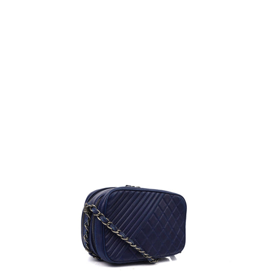 Chanel Cross Body Coco Boy Camera Bag in Navy, Calfskin Leather — Side View
