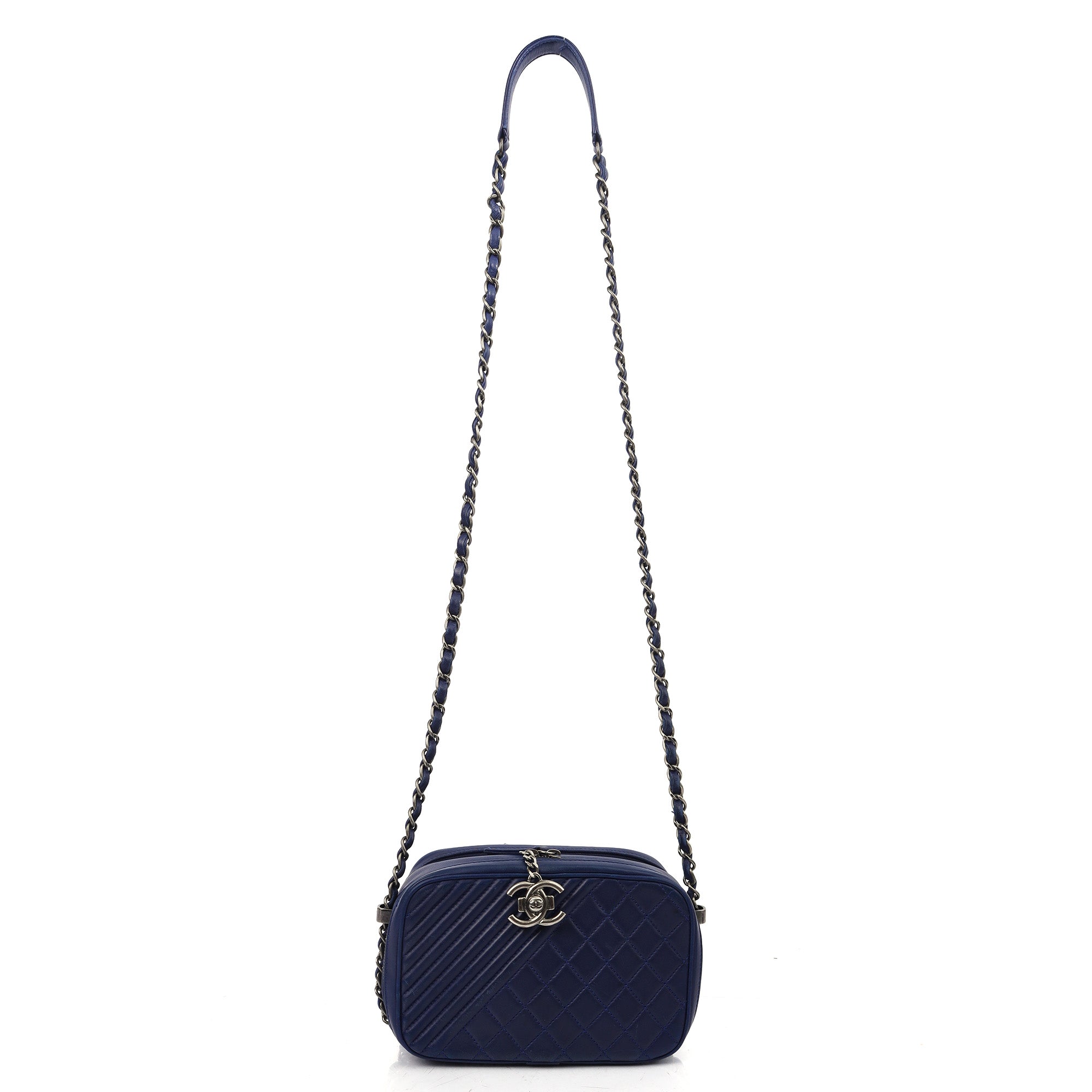 Chanel Cross Body Coco Boy Camera Bag in Navy, Calfskin Leather — Detail View