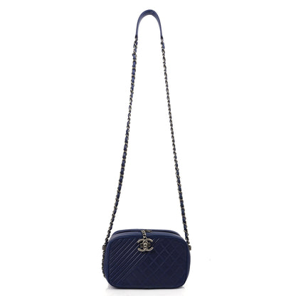 Chanel Cross Body Coco Boy Camera Bag in Navy, Calfskin Leather — Detail View