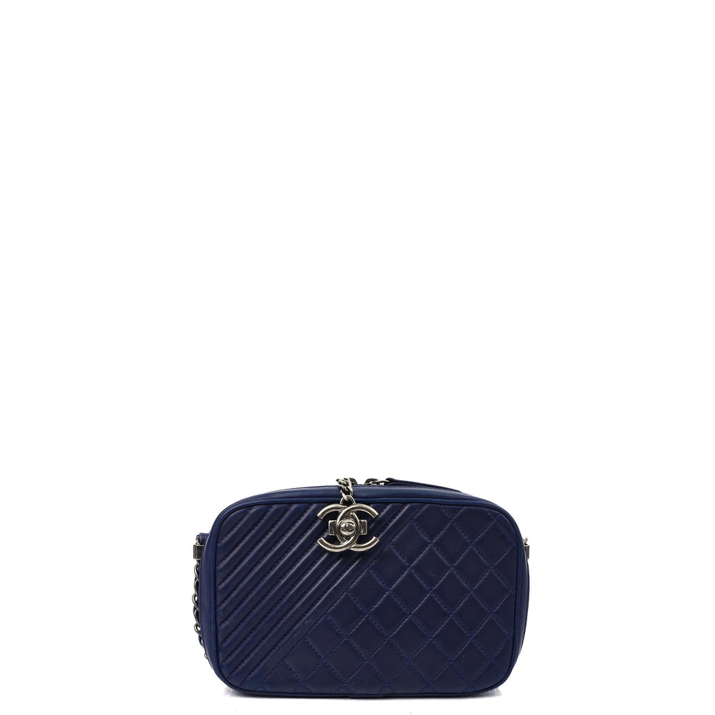 Chanel Cross Body Coco Boy Camera Bag in Navy, Calfskin Leather — Front View