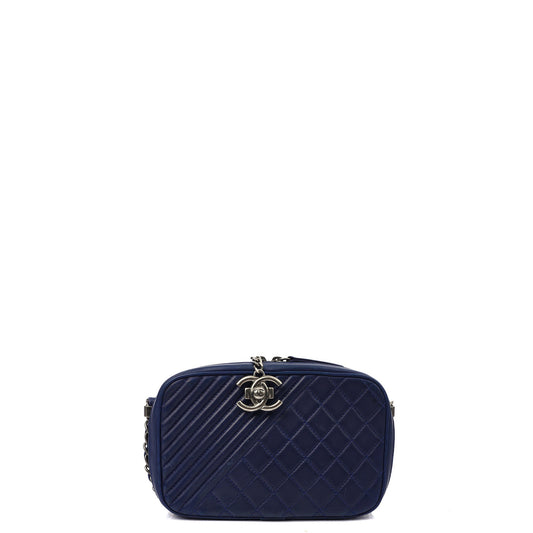 Chanel Cross Body Coco Boy Camera Bag in Navy, Calfskin Leather — Front View