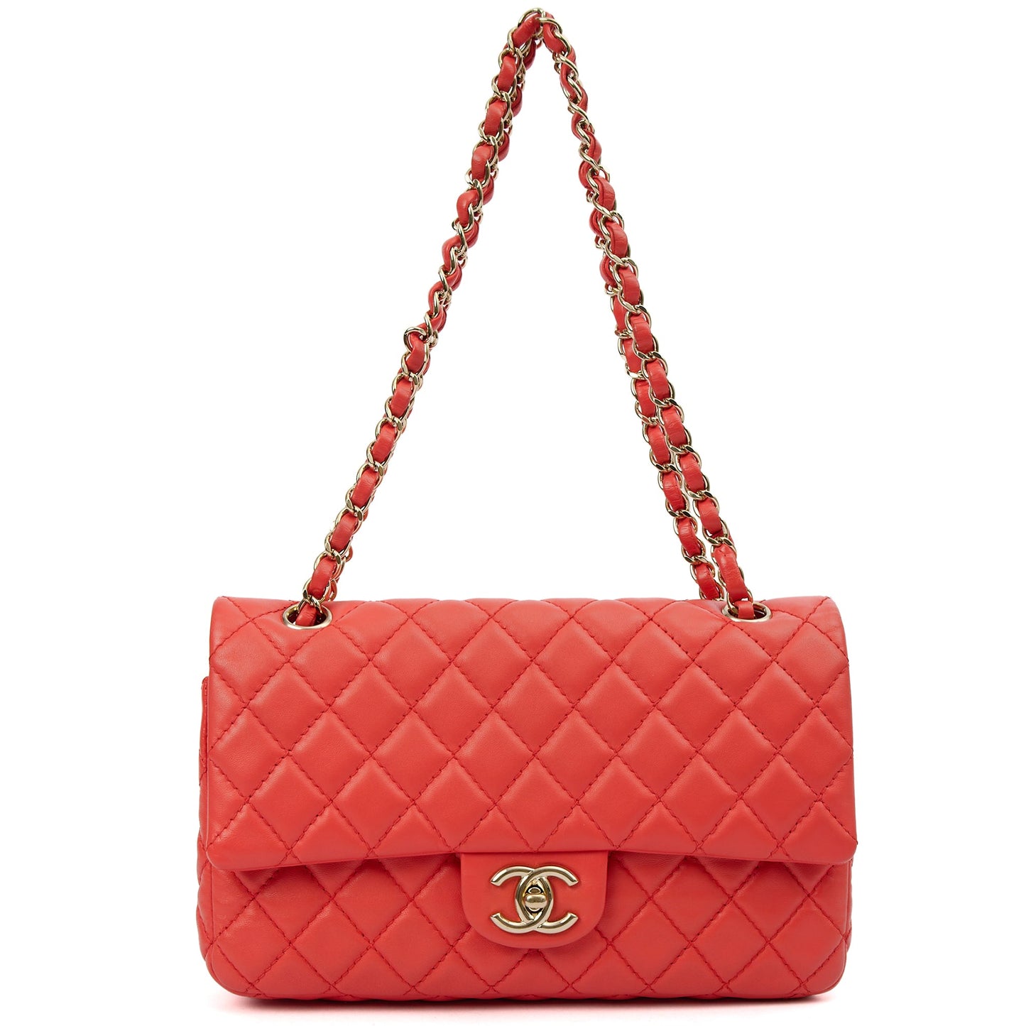 Chanel Shoulder Bag Classic Double Flap - Medium in Red, Lambskin Leather — Lifestyle View