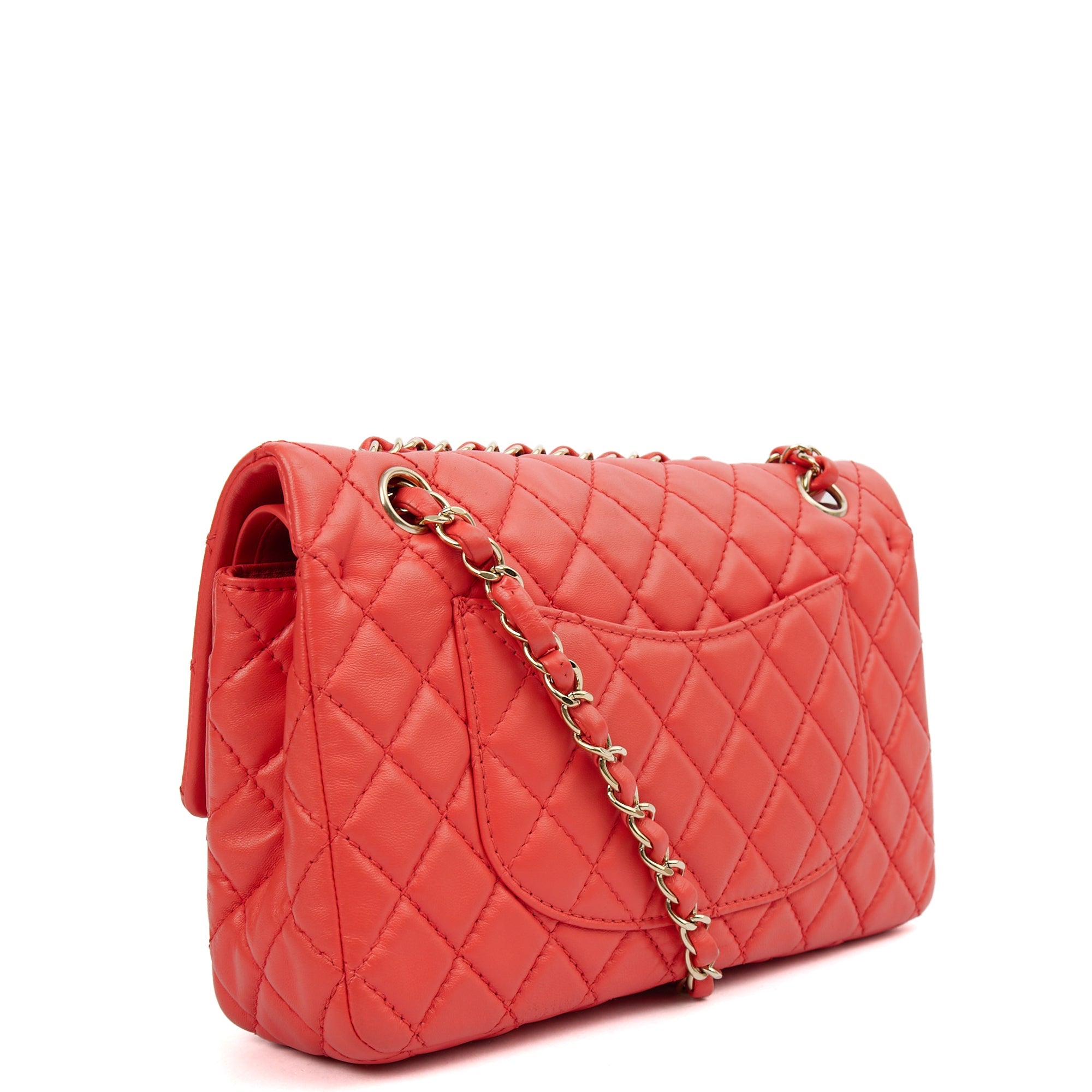 Chanel Shoulder Bag Classic Double Flap - Medium in Red, Lambskin Leather — Back View