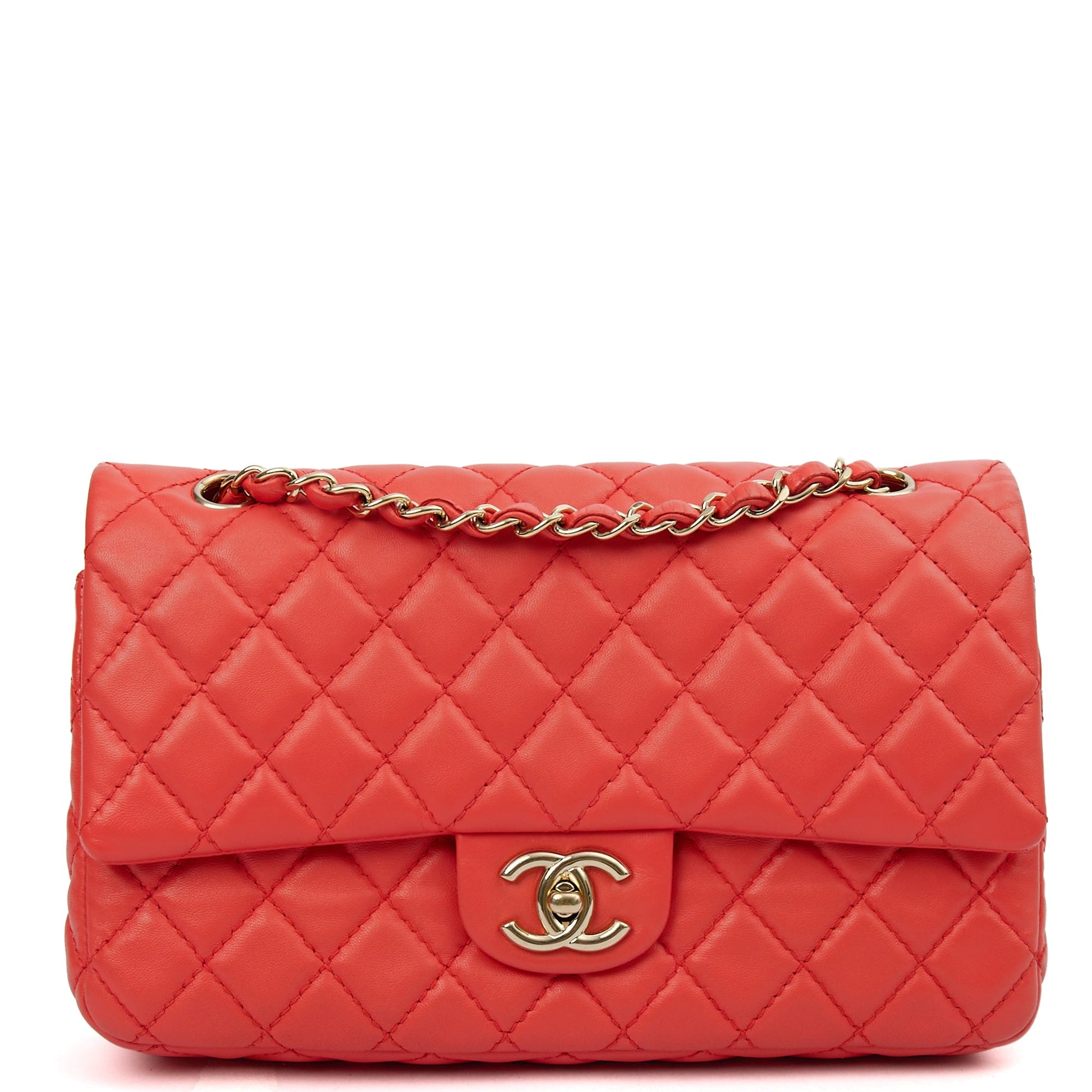 Chanel Shoulder Bag Classic Double Flap - Medium in Red, Lambskin Leather — Front View
