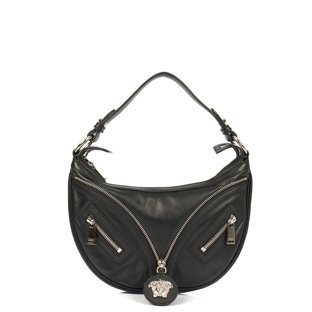 Versace Shoulder Bag Biker Hobo in Black, Leather — Front View