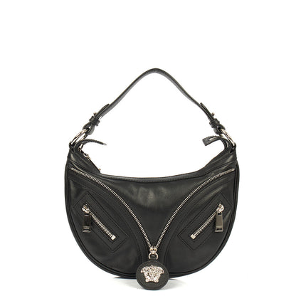 Versace Shoulder Bag Biker Hobo in Black, Leather — Front View