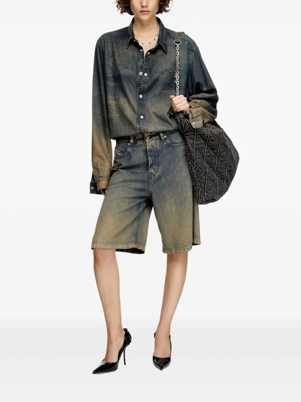 Diesel Charm D Quilted Chain Embellished Shoulder Bag — Same as shown — Size One Size — Side View