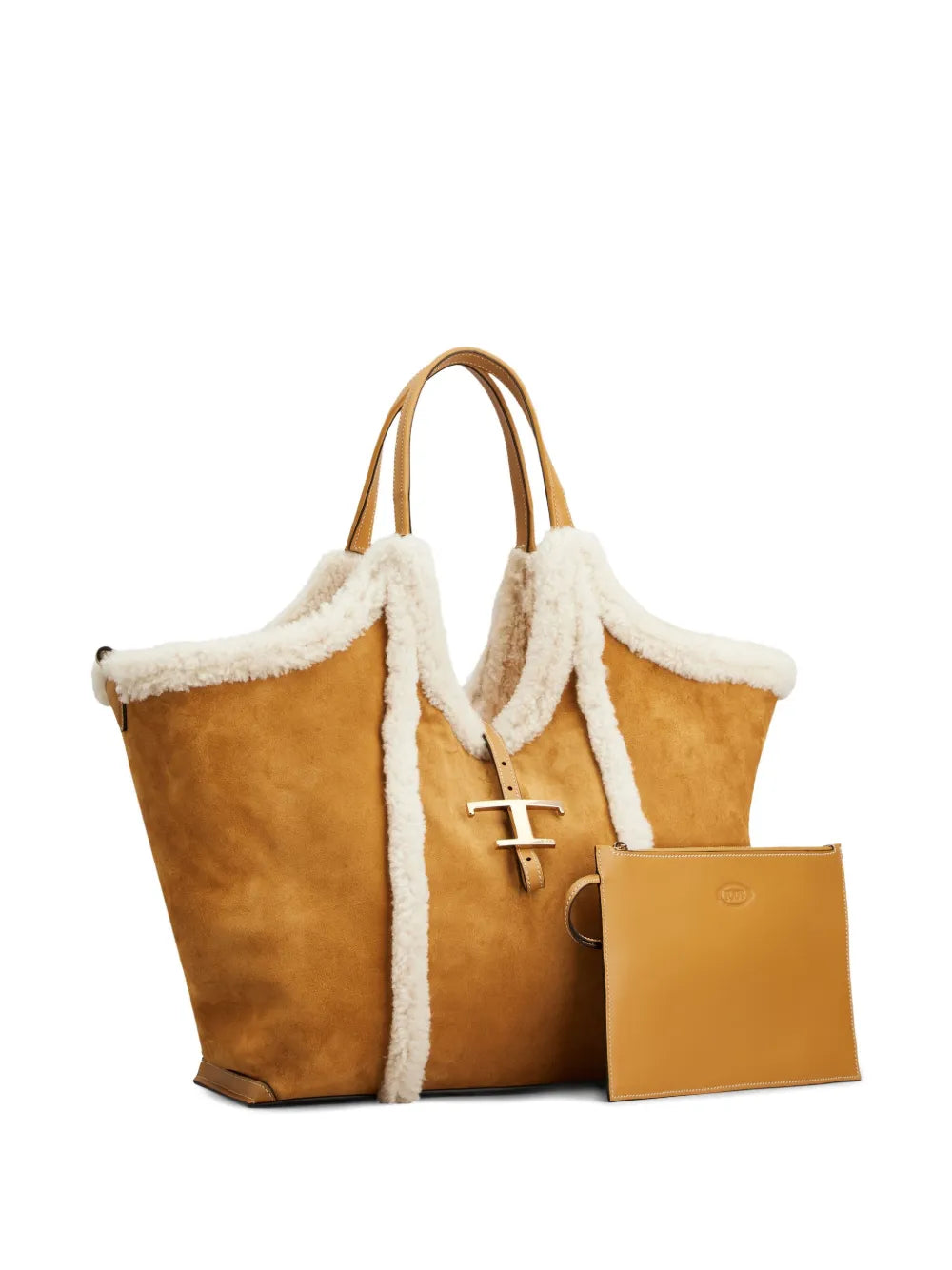 Tods Shearling Trimmed T Buckle Shoulder Bag — Same as shown — Size One Size — Side View